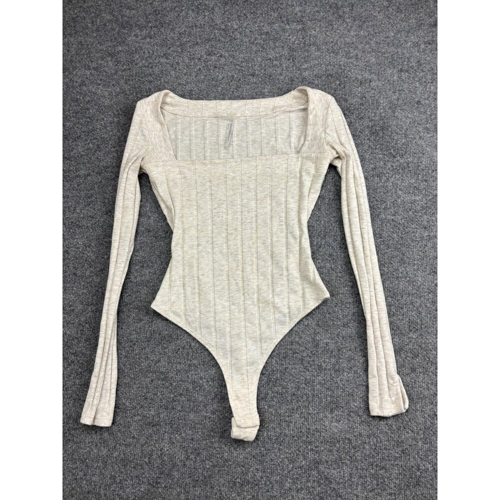 Free People Intimately Bodysuit Womens XS Ribbed Long Sleeve Square Neck Oatmeal